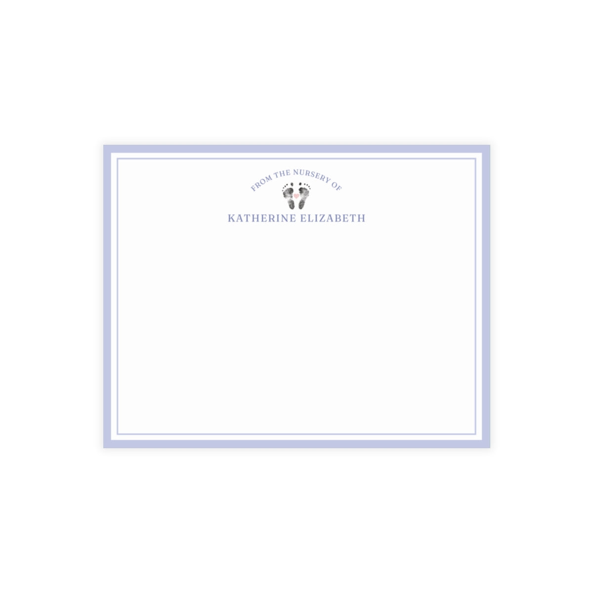 White card with baby footprints, purple border and text on a white background