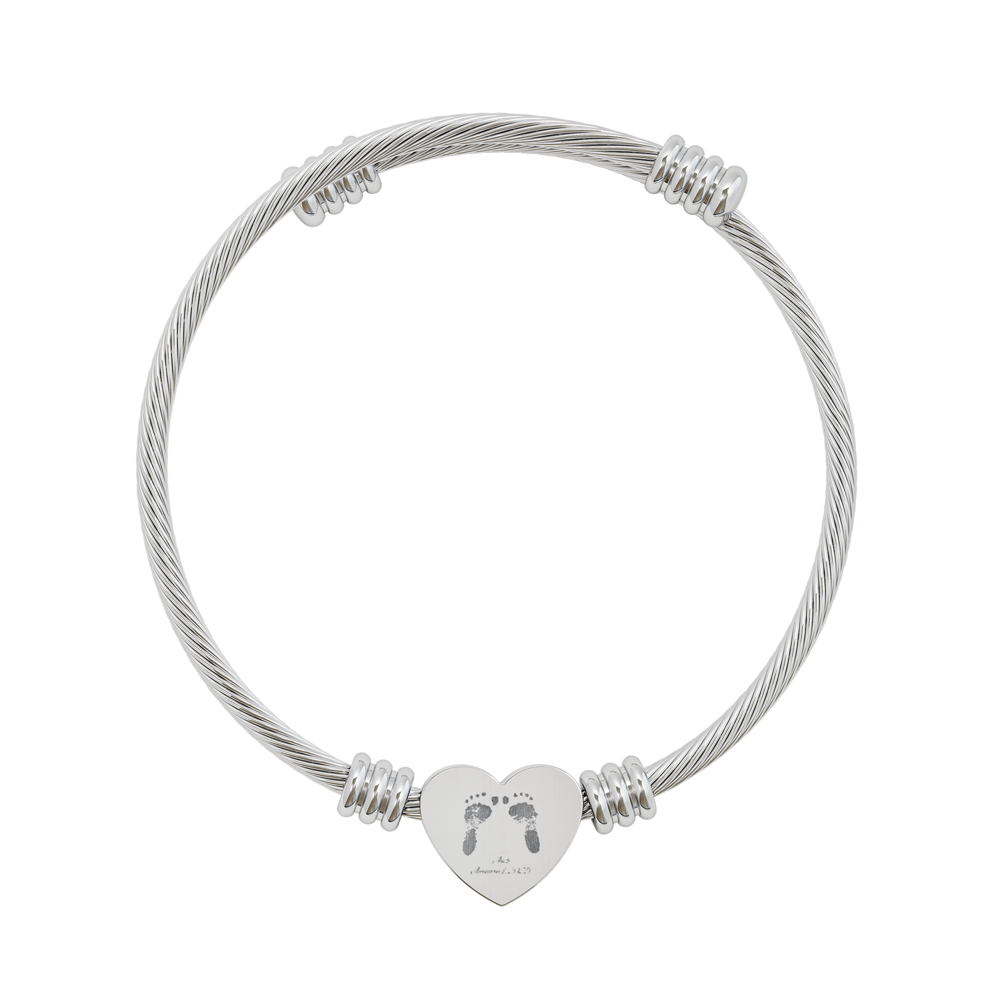 Silver cable bracelet with a heart-shaped charm featuring footprints on a white background