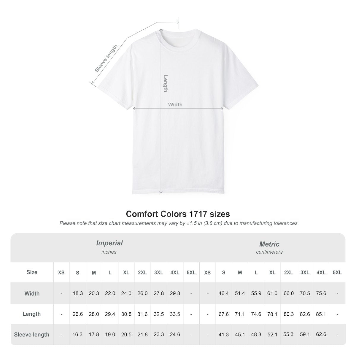 White t-shirt with size chart measurements on a white background