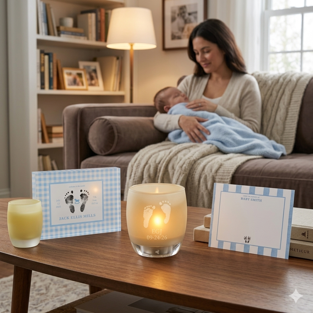 Woman holding a baby on a couch with candles and baby shower decorations on a table.