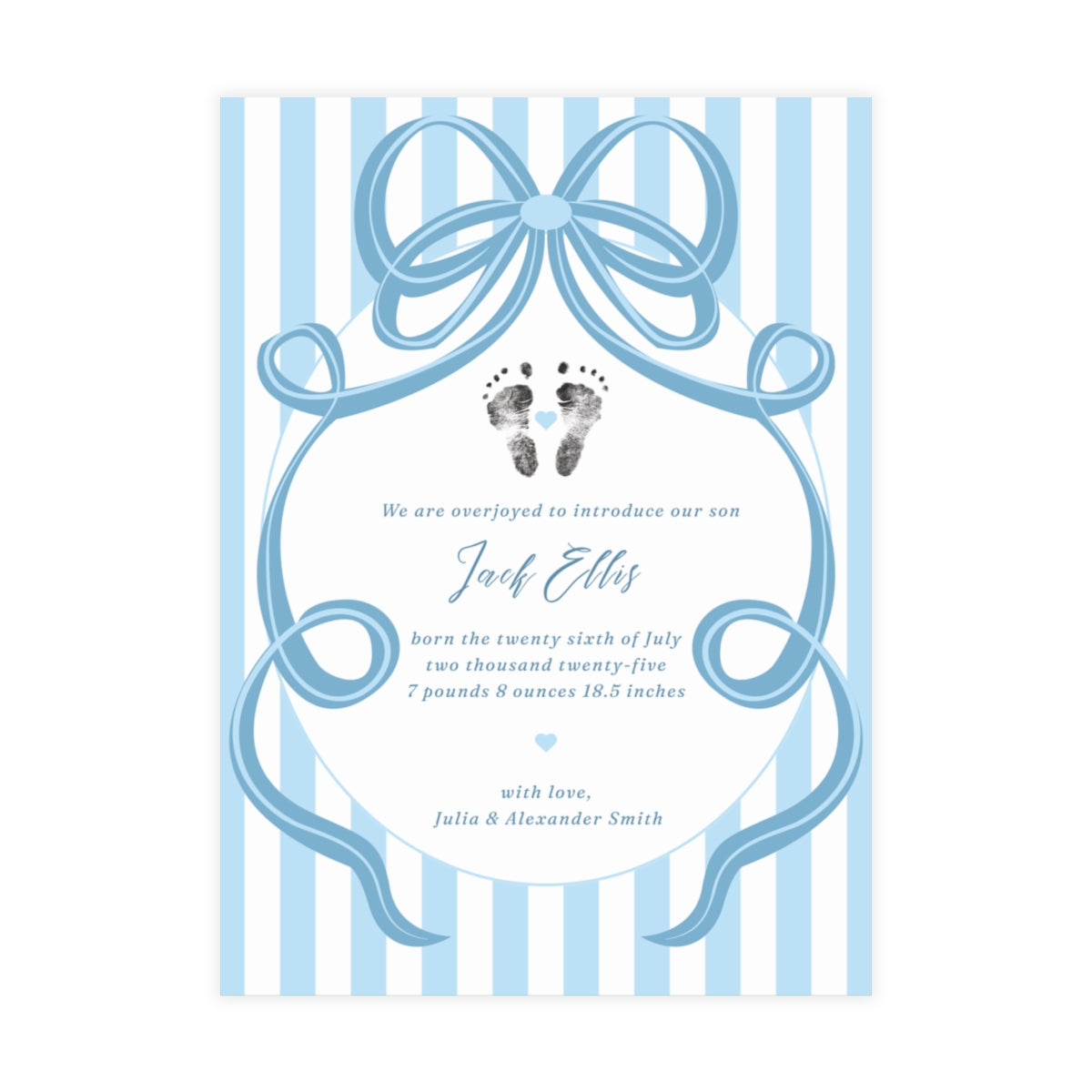 Baby footprint announcement card with blue bow and stripes
