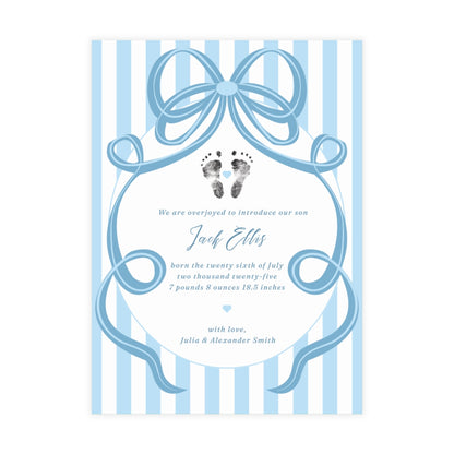 Baby footprint announcement card with blue bow and stripes