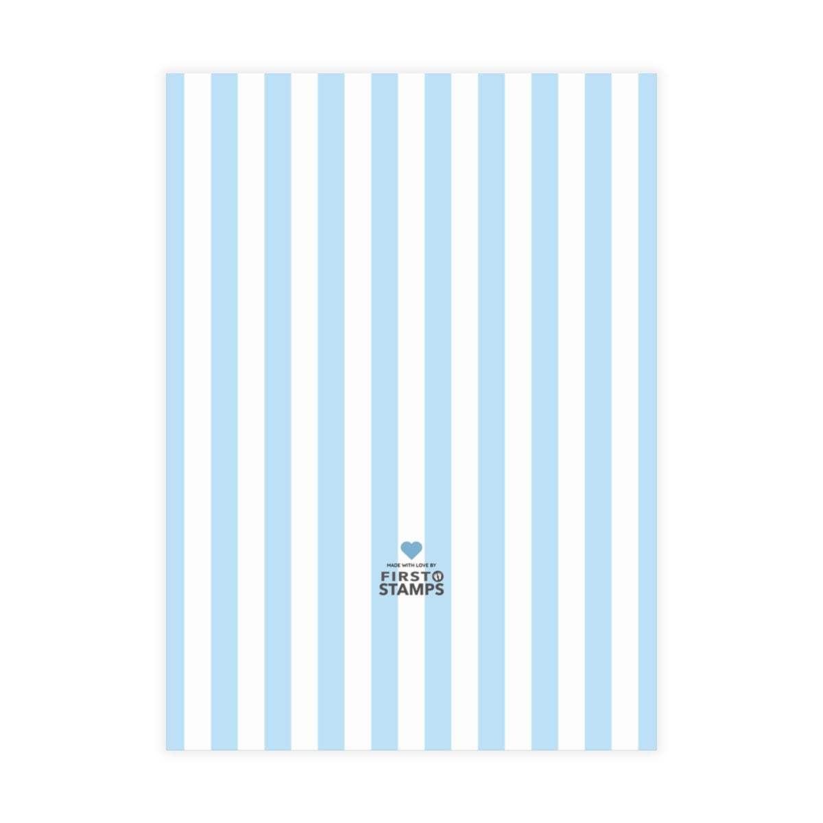 Blue and white vertical stripes on a white background. First Stamps logo at the bottom.