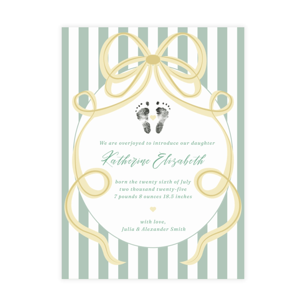 Baby footprint announcement card with green bow and stripes