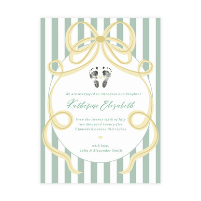 Baby footprint announcement card with green bow and stripes
