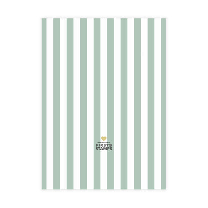 Green and white vertical stripes on a white background. First Stamps logo at the bottom.
