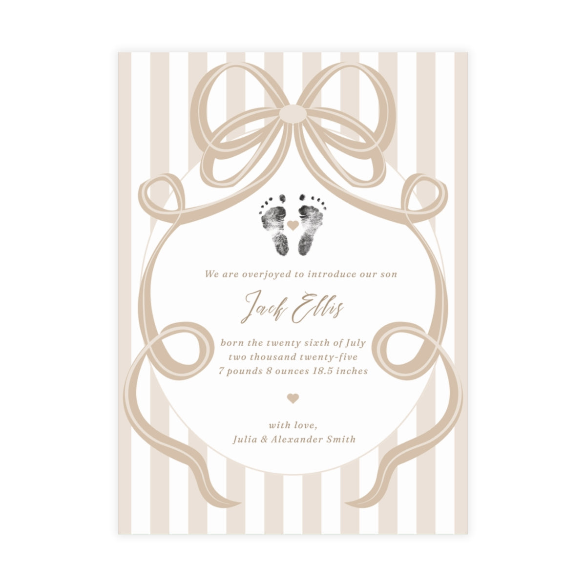 Baby footprint announcement card with neutral bow and stripes
