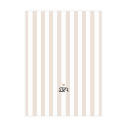 Neutral and white vertical stripes on a white background. First Stamps logo at the bottom.
