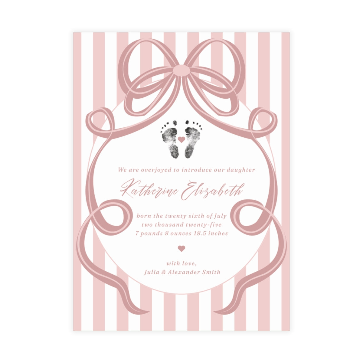 Baby footprint announcement card with pink bow and stripes