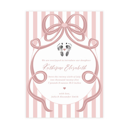 Baby footprint announcement card with pink bow and stripes