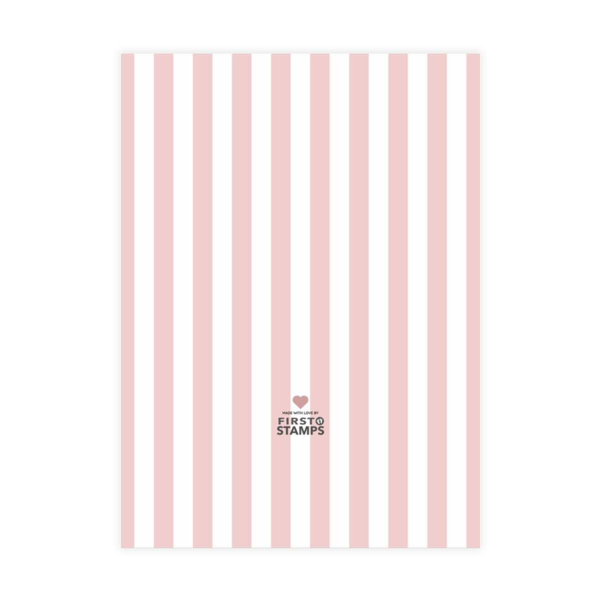 Pink and white vertical stripes on a white background. First Stamps logo at the bottom.