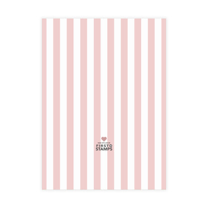 Pink and white vertical stripes on a white background. First Stamps logo at the bottom.