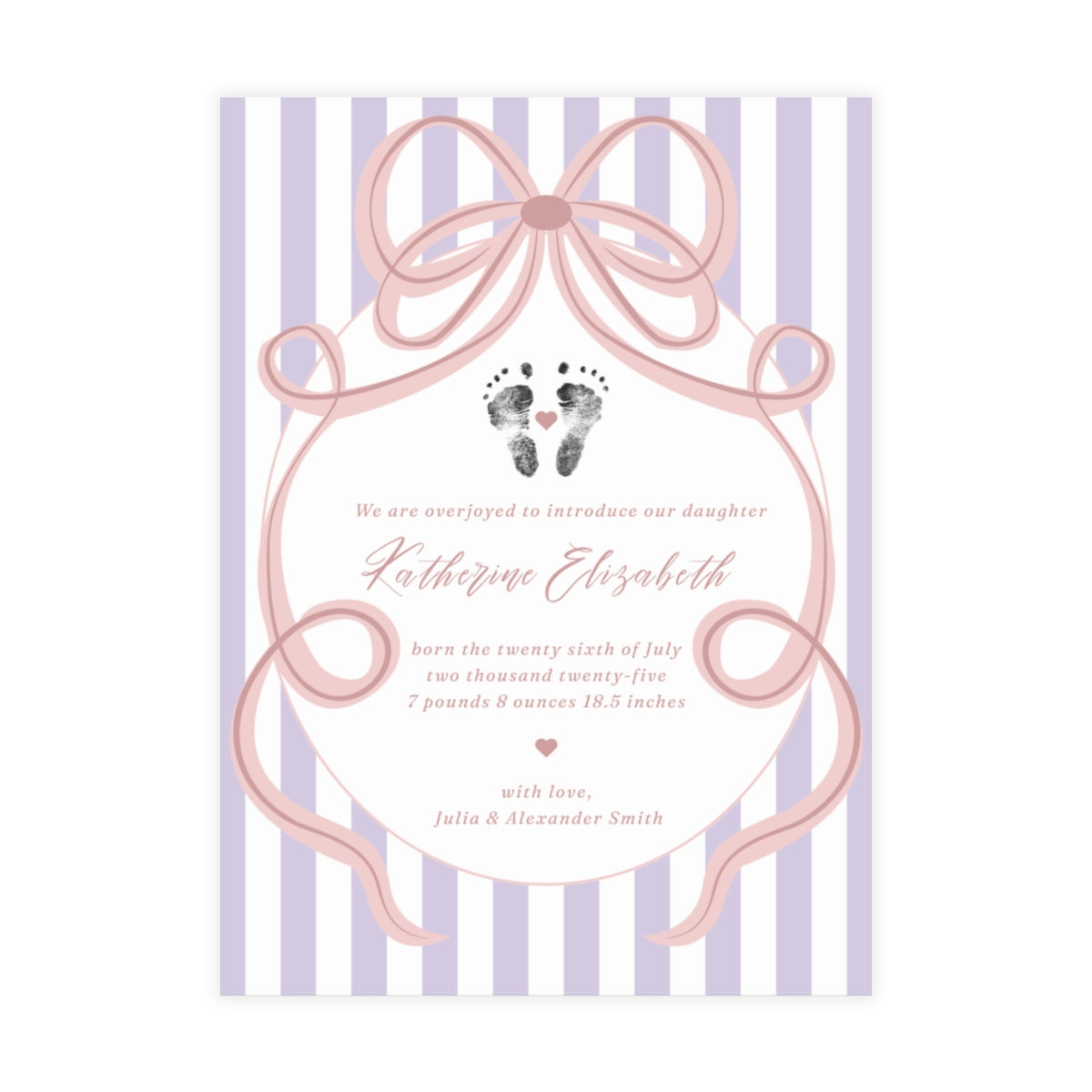 Baby footprint announcement card with purple bow and stripes