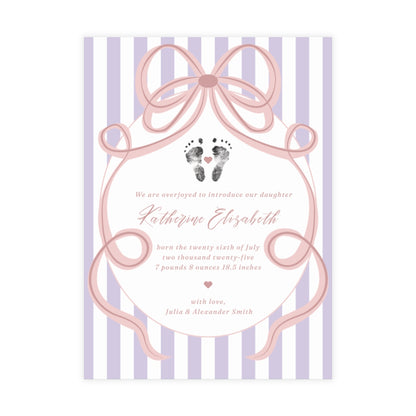 Baby footprint announcement card with purple bow and stripes