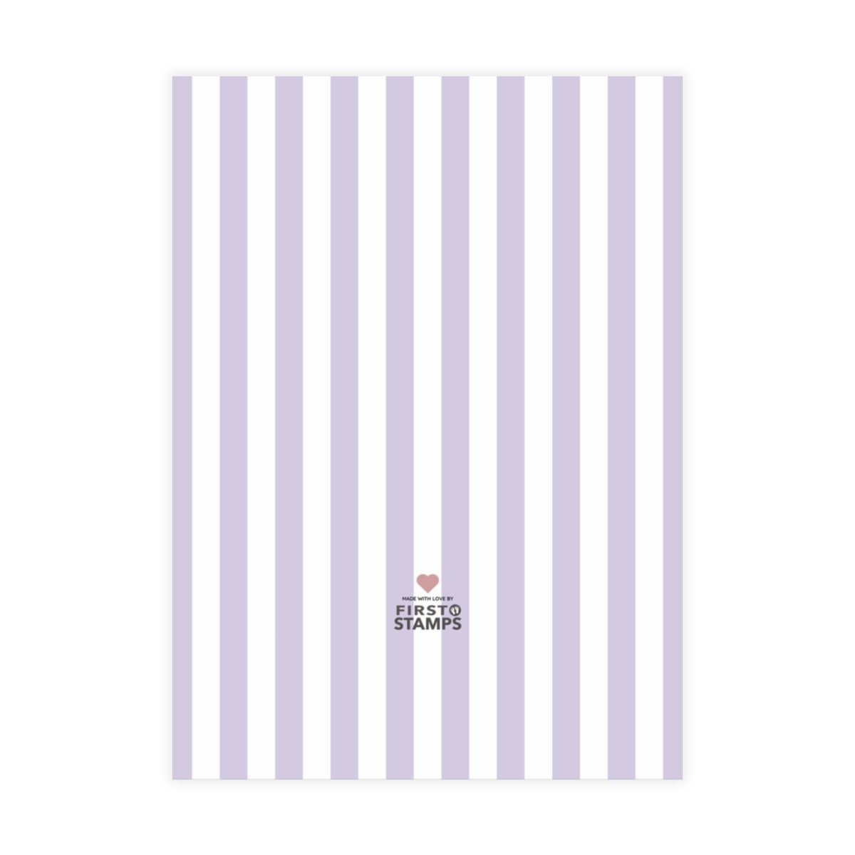 Purple and white vertical stripes on a white background. First Stamps logo at the bottom.