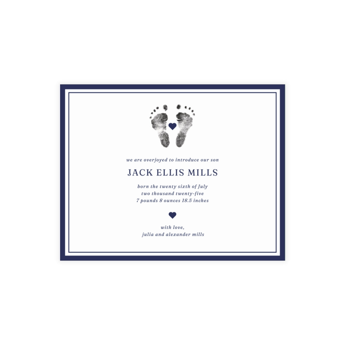 Newborn baby announcement card with footprints and text on a white background