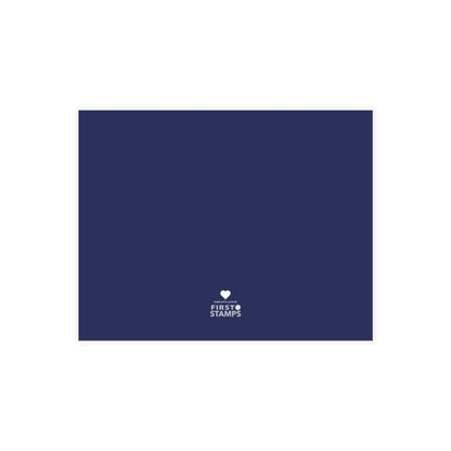 Navy blue card with a First Stamps logo.