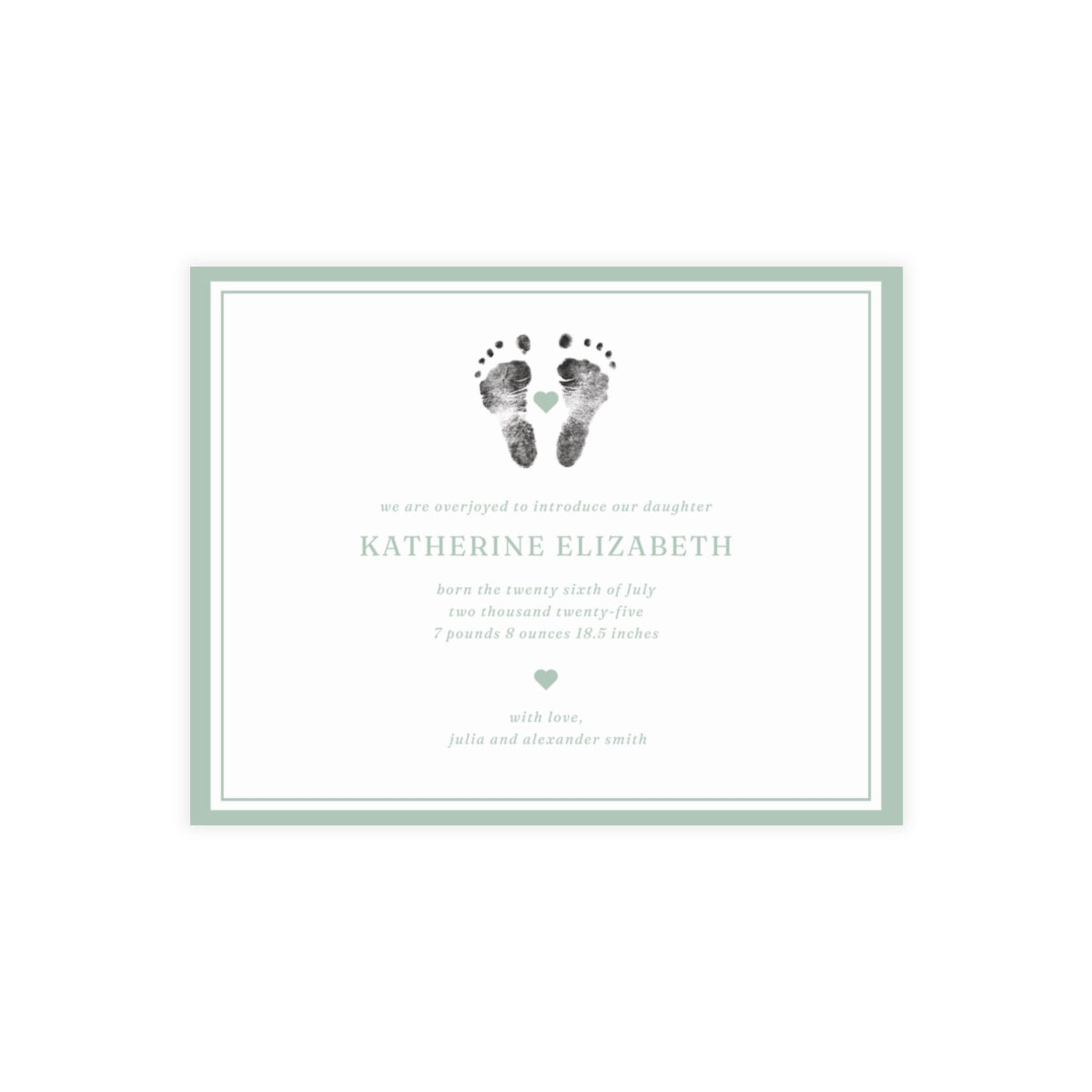Newborn baby announcement card with footprints and text on a white background