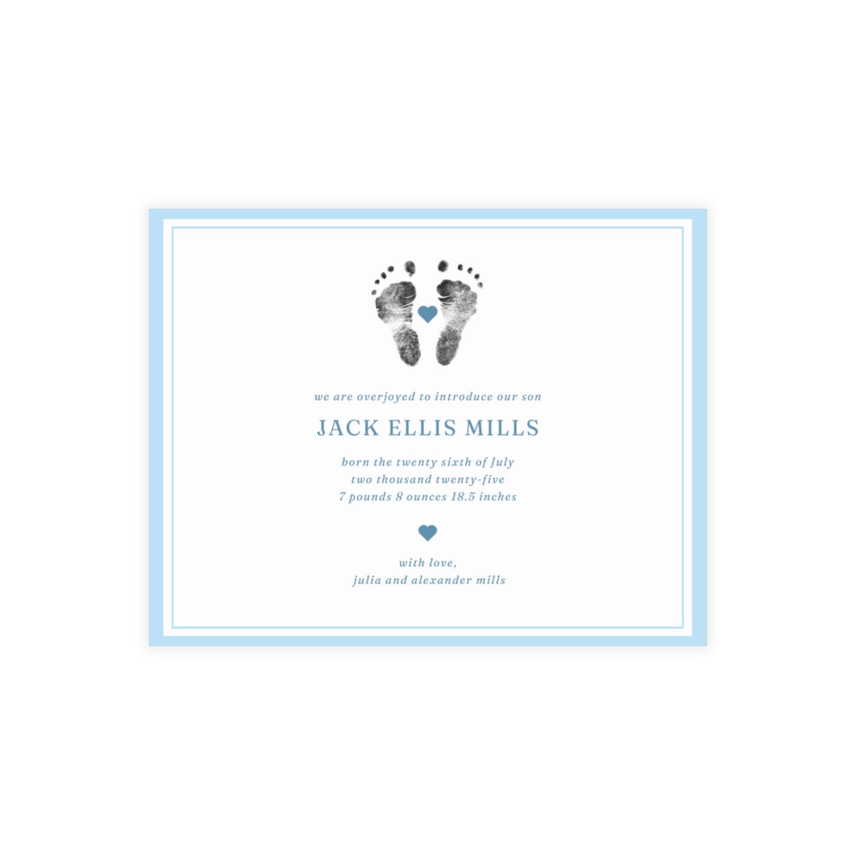 Newborn baby announcement card with footprints and text on a white background