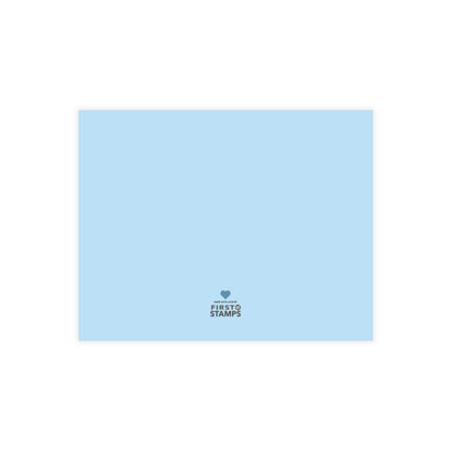 Light blue card with a First Stamps logo.