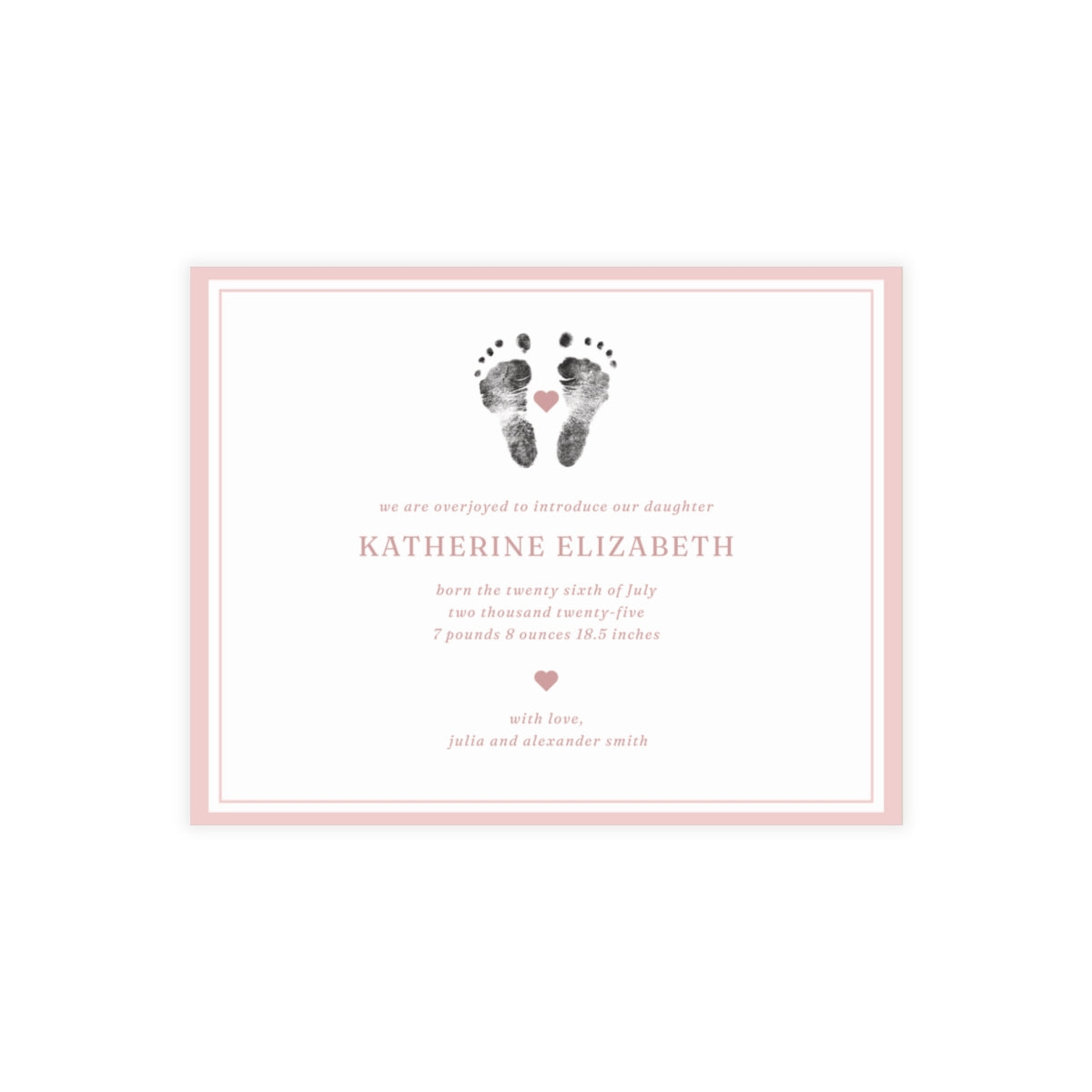 Newborn baby announcement card with footprints and text on a white background