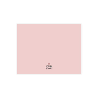 Pink card with a First Stamps logo.