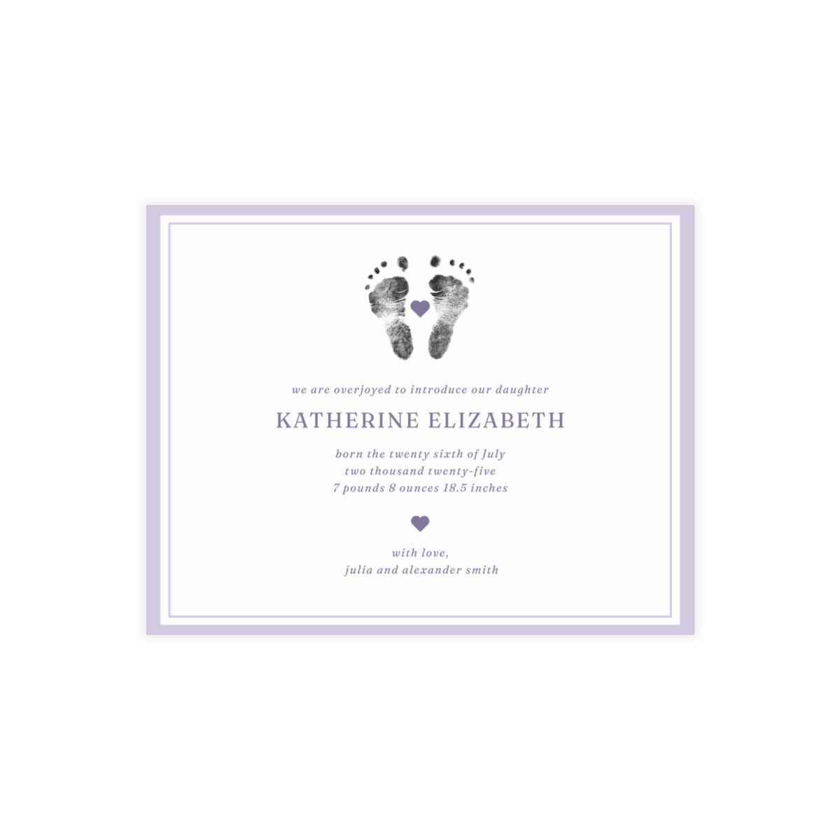 Newborn baby announcement card with footprints and text on a white background