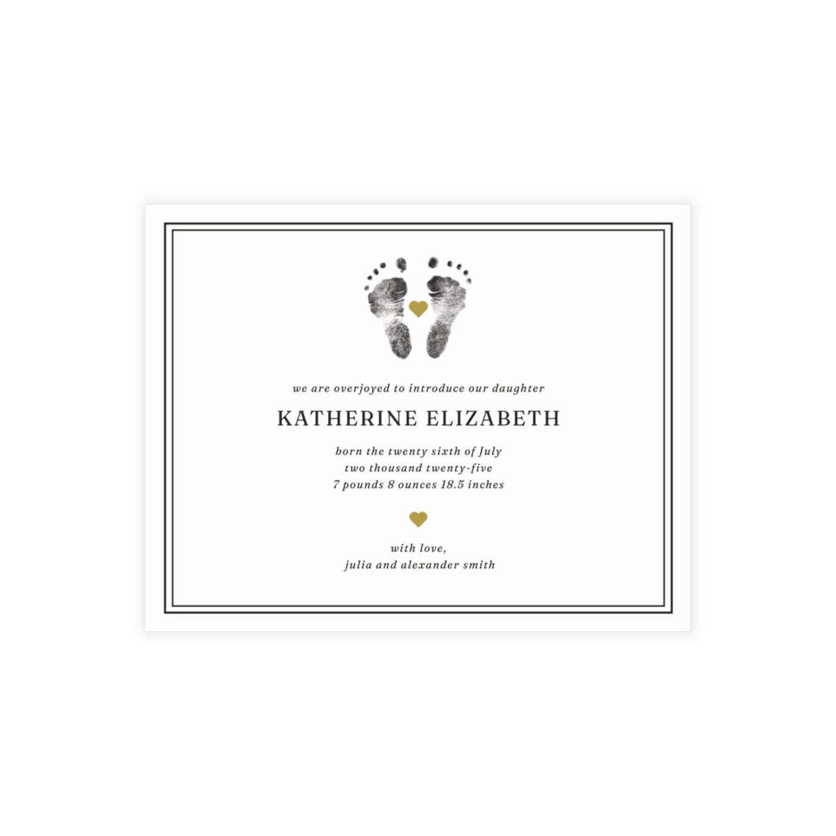 Newborn baby announcement card with footprints and text on a white background