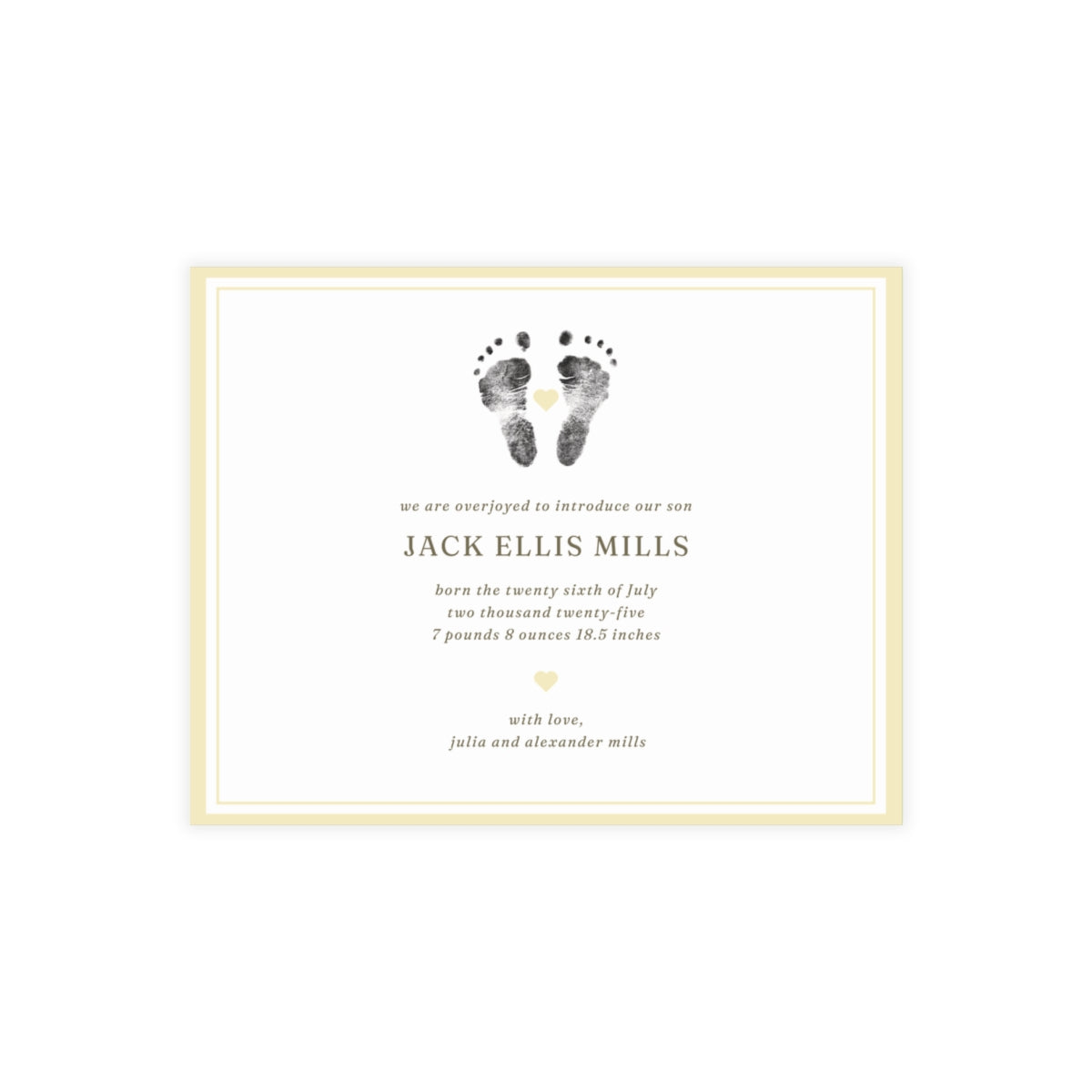 Newborn baby announcement card with footprints and text on a white background