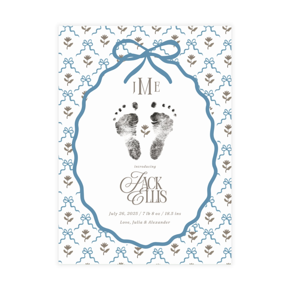 Birth announcement with footprints, blue decorative frame, and floral elements on a white background.