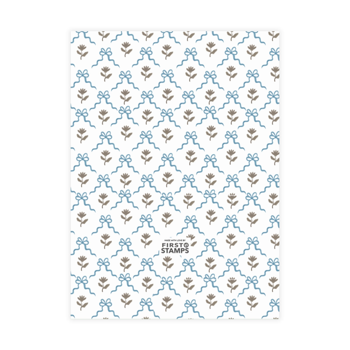 Blue patterned paper with floral and bow design on a white background. First Stamps logo at bottom.