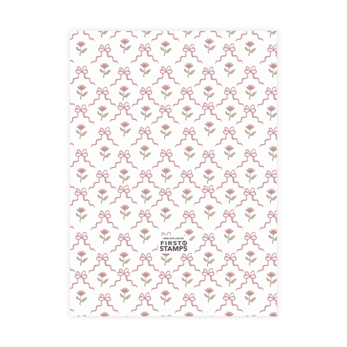 Red patterned paper with floral and bow design on a white background. First Stamps logo at bottom.