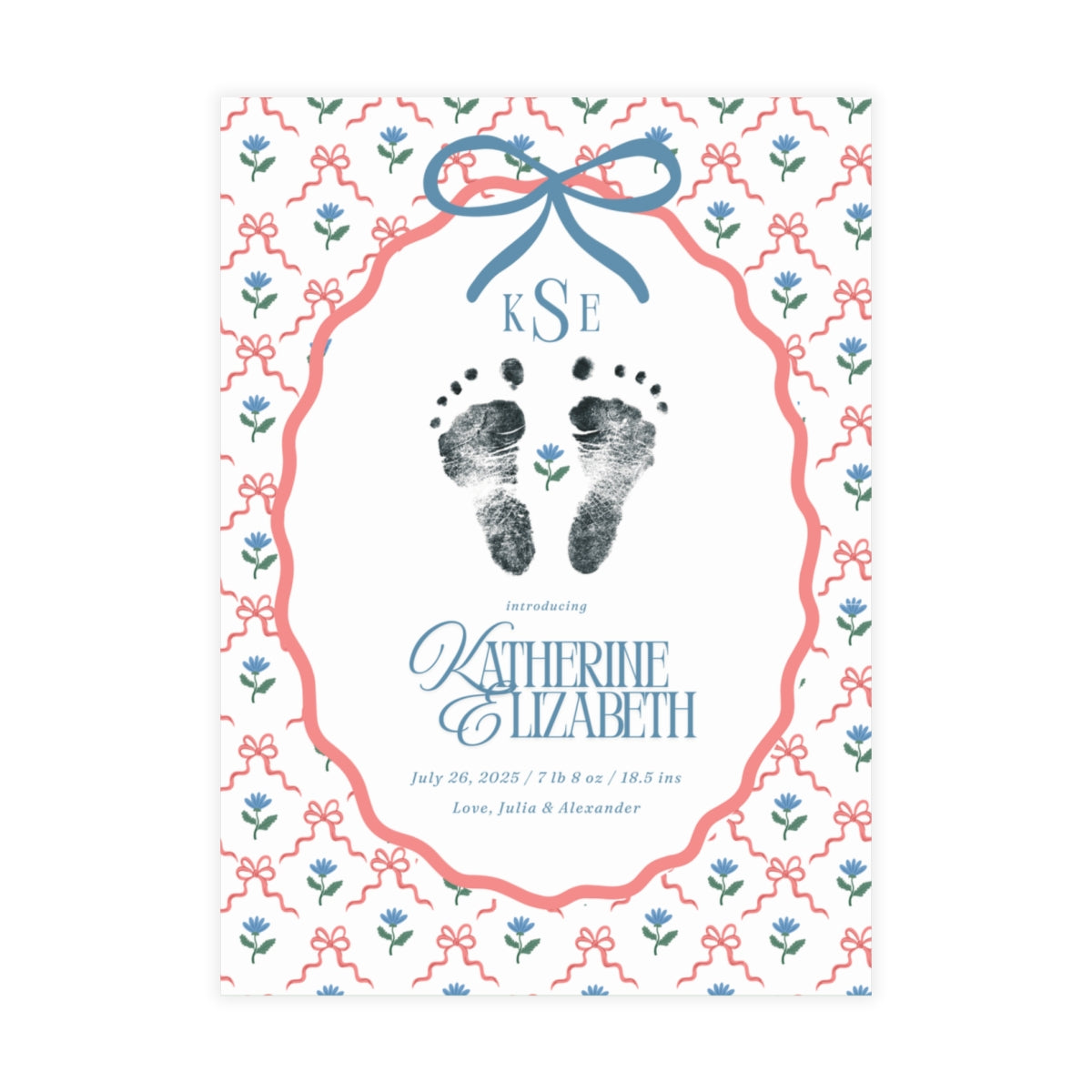 Birth announcement with footprints, red & blue decorative frame, and floral elements on a white background.
