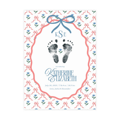 Birth announcement with footprints, red & blue decorative frame, and floral elements on a white background.