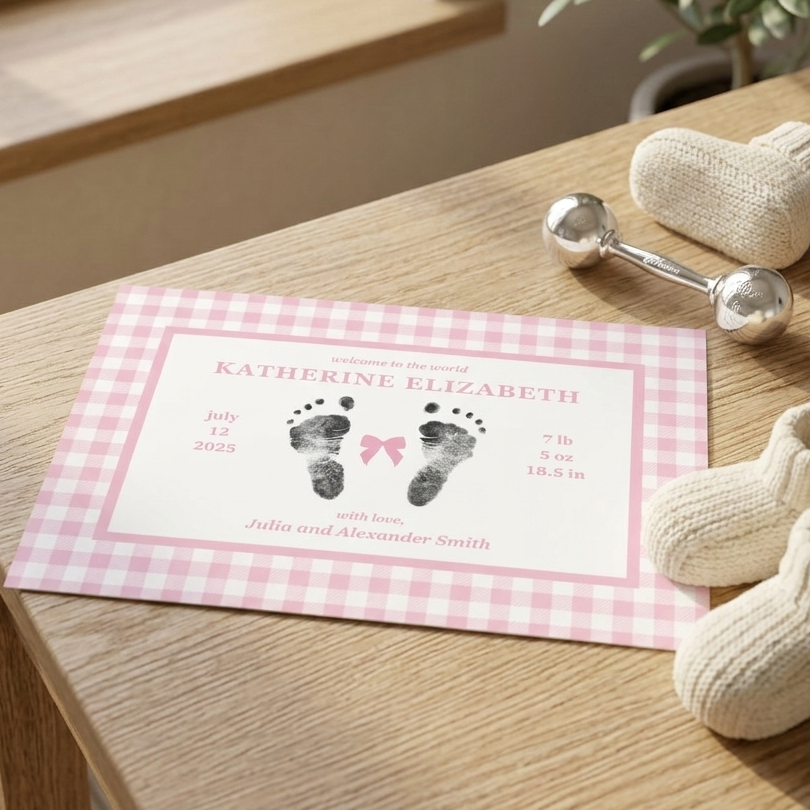 Birth announcement keepsake with footprints on a pink checkered background, placed on a wooden surface with baby shoes and socks.
