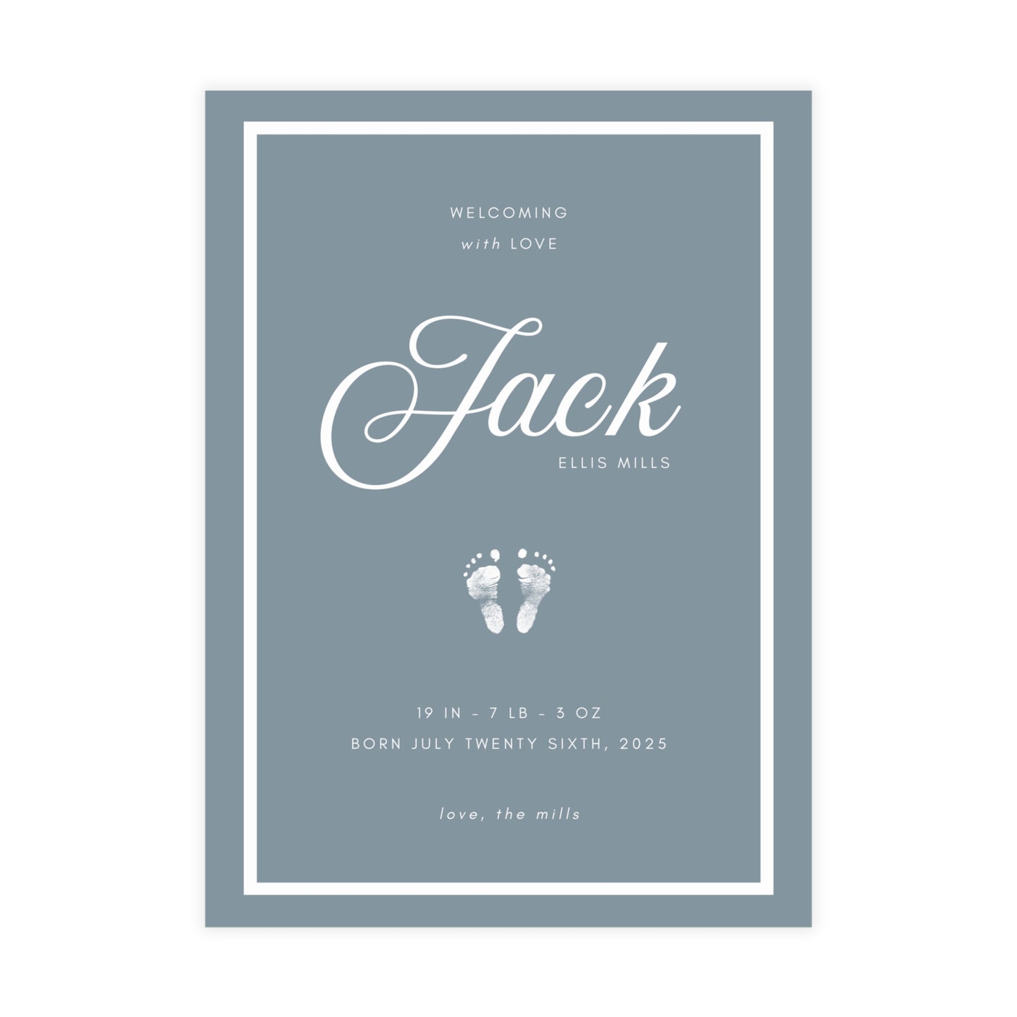 Baby birth announcement card with name 'Jack' and baby footprints on a blue background
