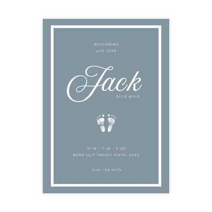 Baby birth announcement card with name 'Jack' and baby footprints on a blue background