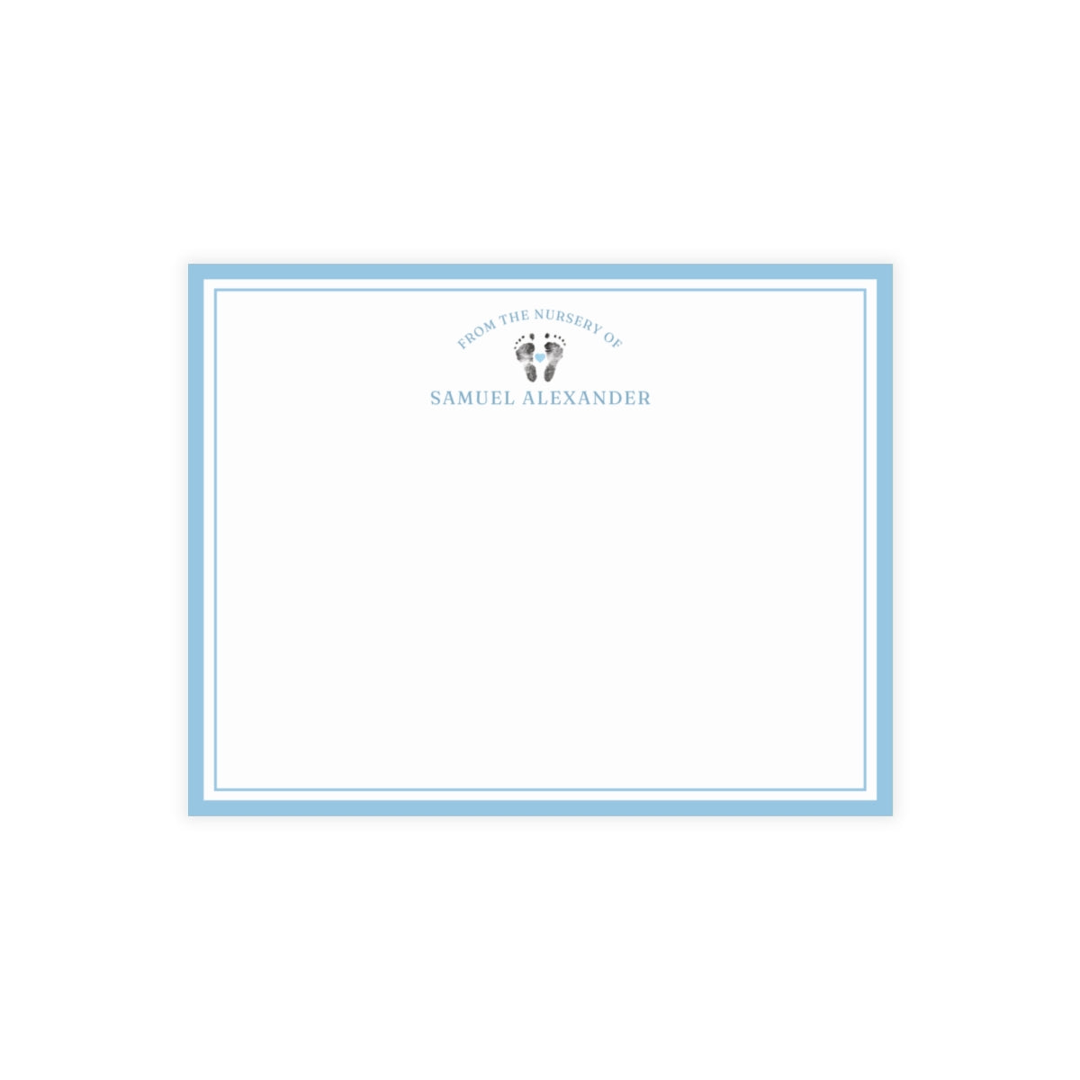 White card with baby footprints, light blue border and text on a white background