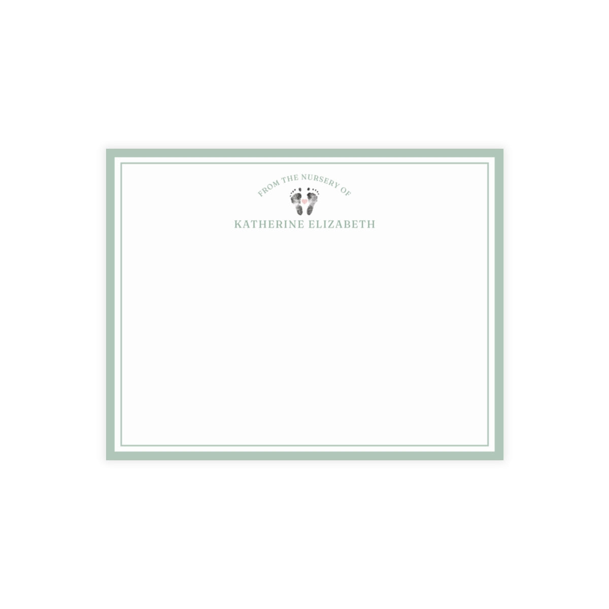 White card with baby footprints, green border and text on a white background