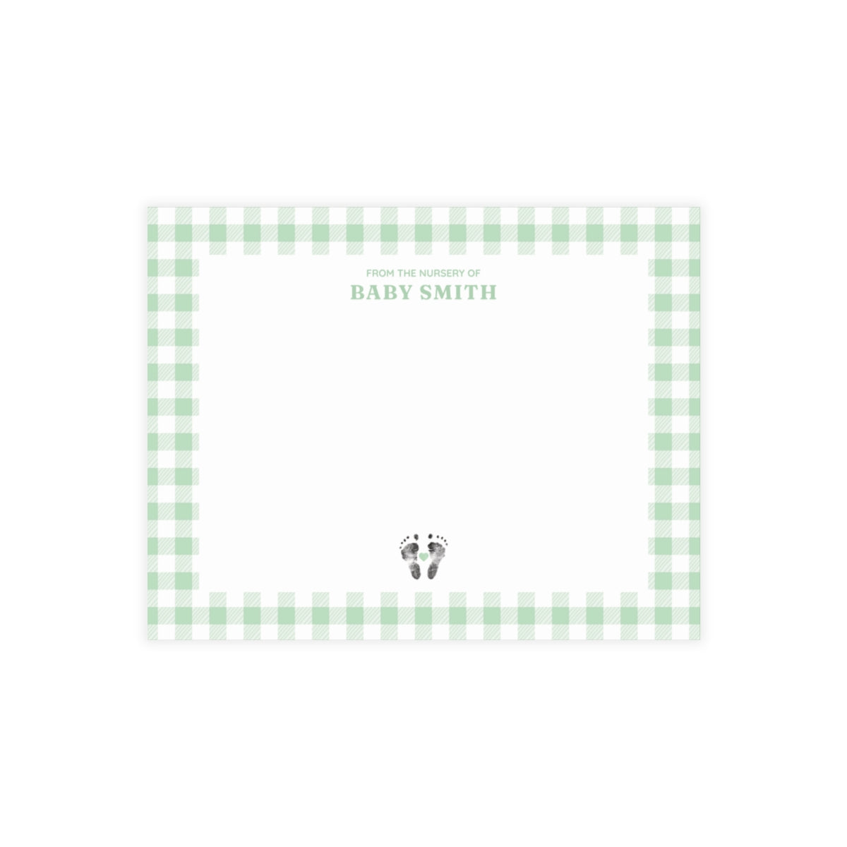 Green gingham border with baby footprints and text on a white card.