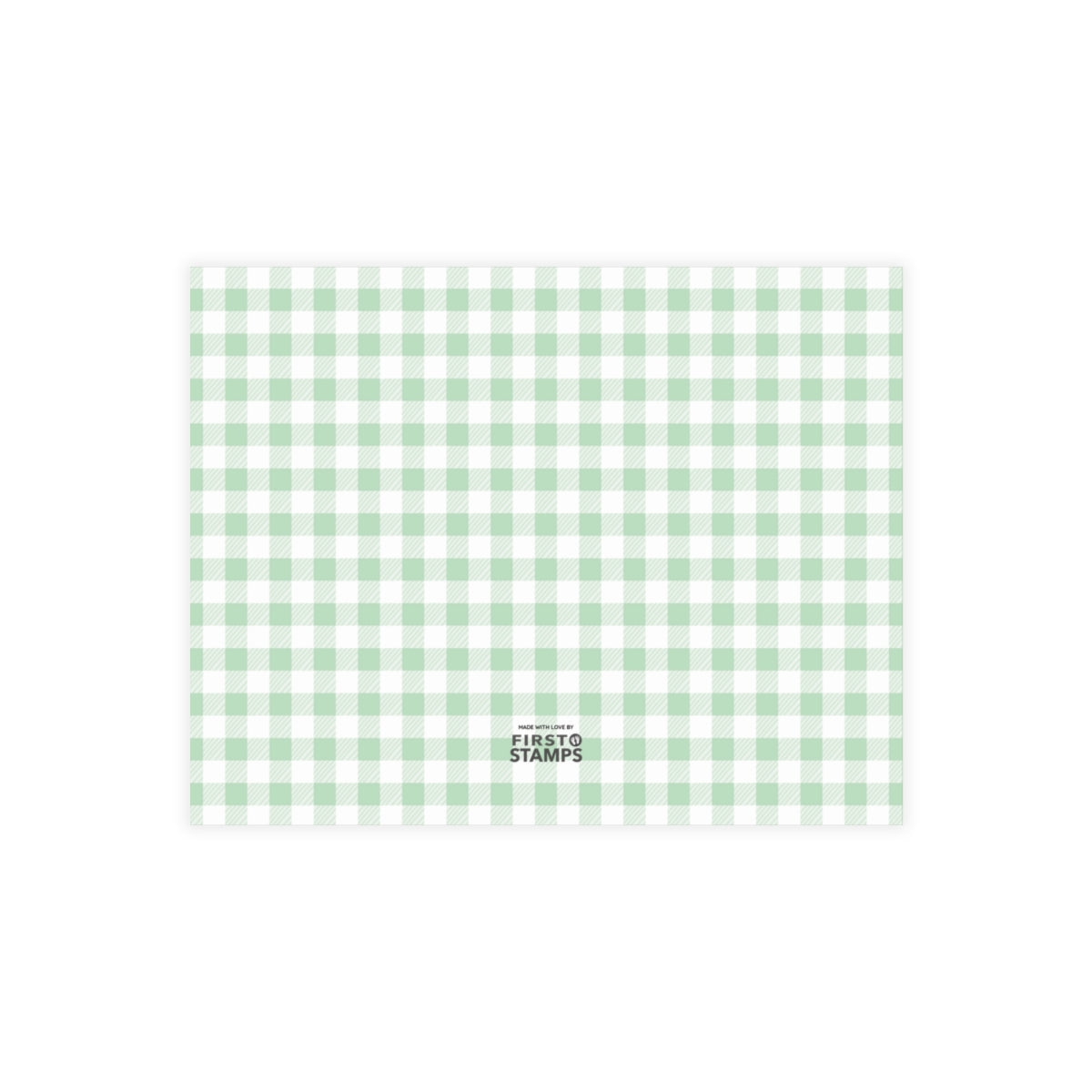 Green and white checkered pattern with First Stamps logo at bottom. 