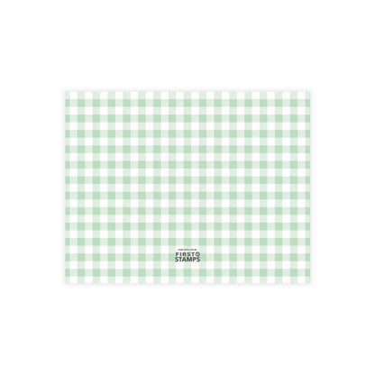Green and white checkered pattern with First Stamps logo at bottom. 