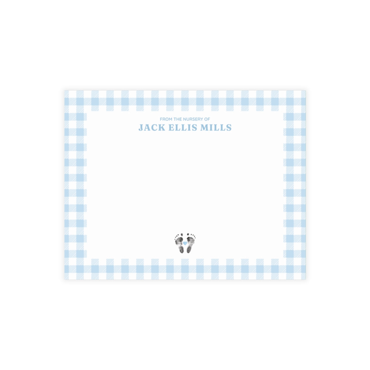 Light blue gingham border with baby footprints and text on a white card.
