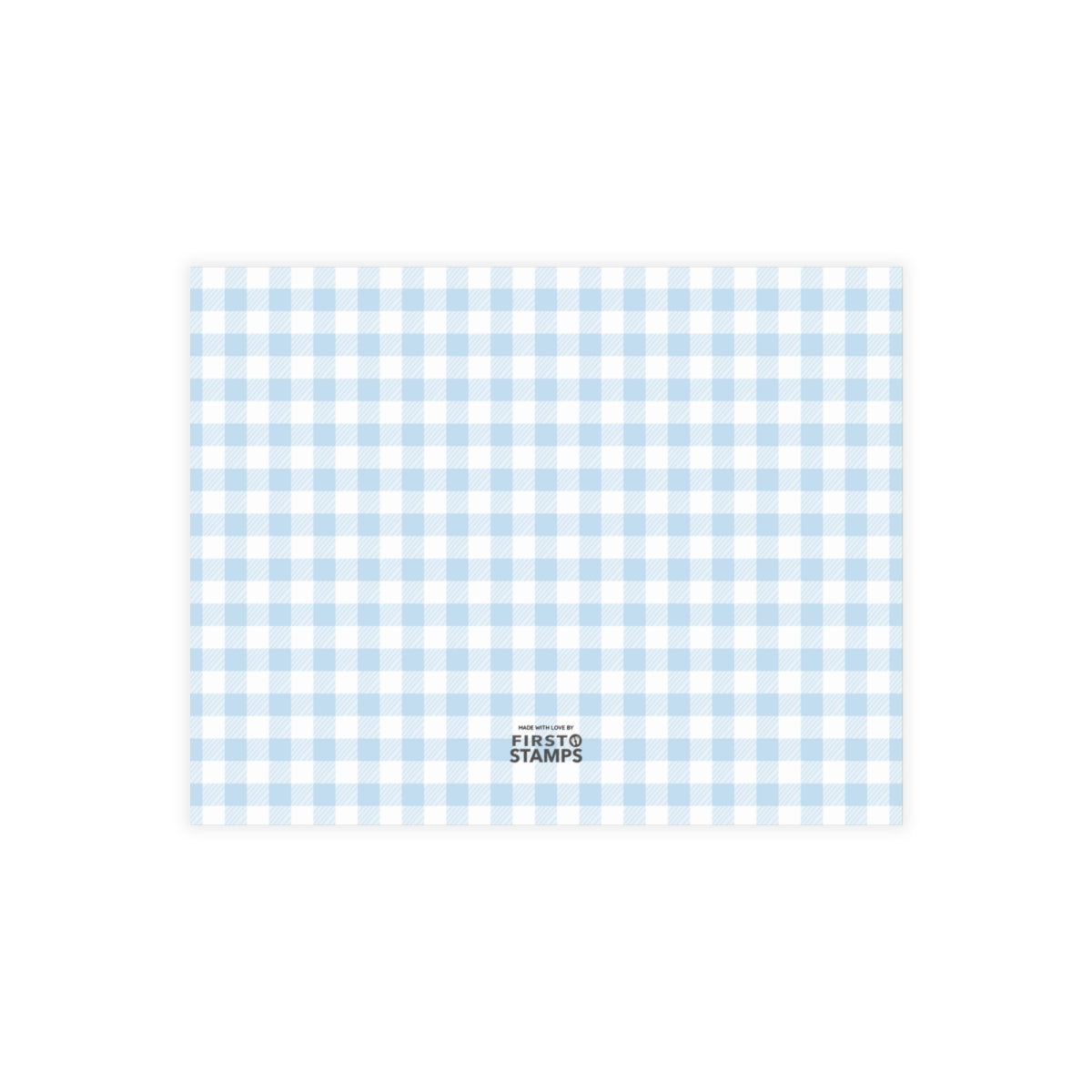 Light Blue and white checkered pattern with First Stamps logo at the bottom.
