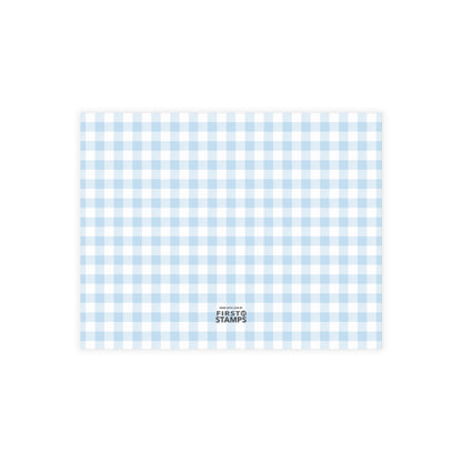 Light Blue and white checkered pattern with First Stamps logo at the bottom.