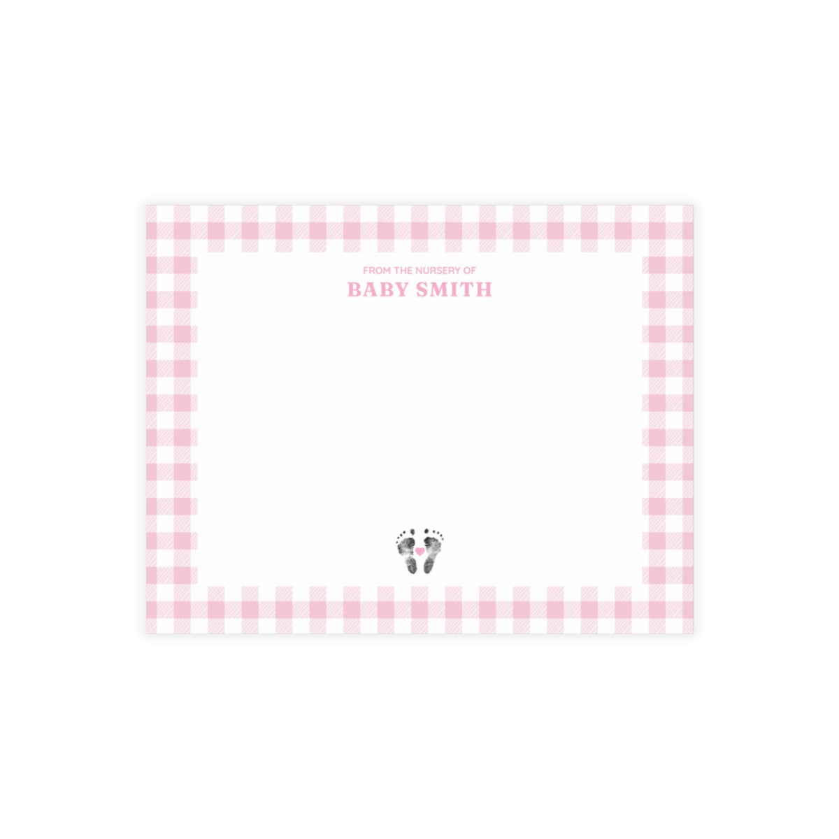 Pink gingham border with baby footprints and text on a white background