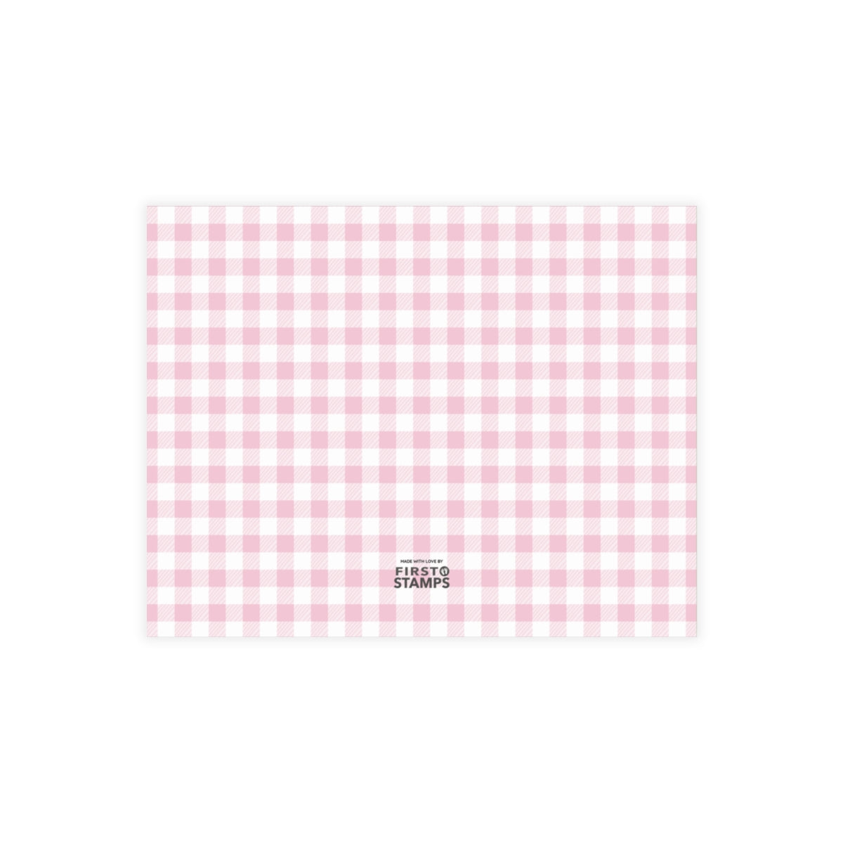 Pink and white checkered pattern with First Stamps logo at the bottom.