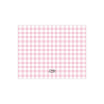 Pink and white checkered pattern with First Stamps logo at the bottom.