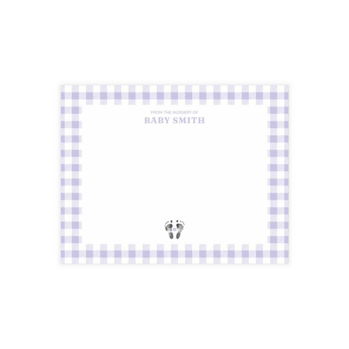 Purple gingham border with baby footprints and text on a white card.