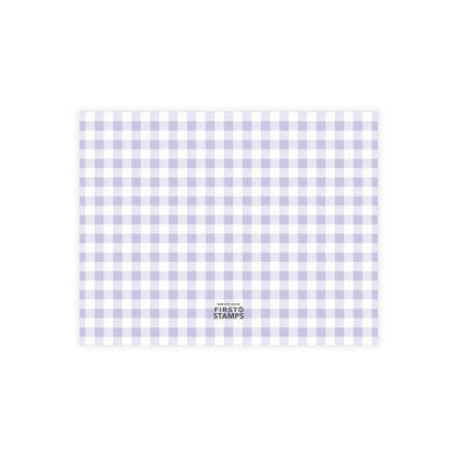Purple and white checkered pattern with First Stamps logo at the bottom.